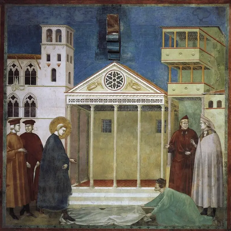 Fresko: Auf dem Marktplatz von Assisi breitet ein Mann seinen Mantel vor dem jungen Franziskus auf dem Boden aus.