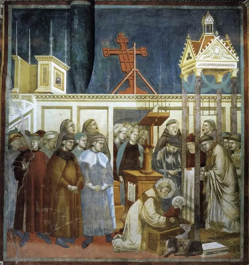 Fresko: Franziskus kniet in einer Kirche und hebt liebevoll das Jesuskind aus einer kleinen Krippe, viele Brüder und Menschen schauen zu.