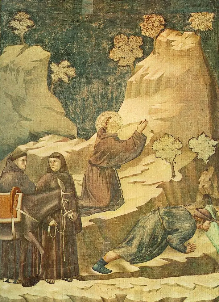 Fresko: Franziskus kniet betend in einer Berglandschaft mit Bäumen. Ein durstiger Mann trinkt aus einer Quelle, die aus dem Felsen sprudelt.