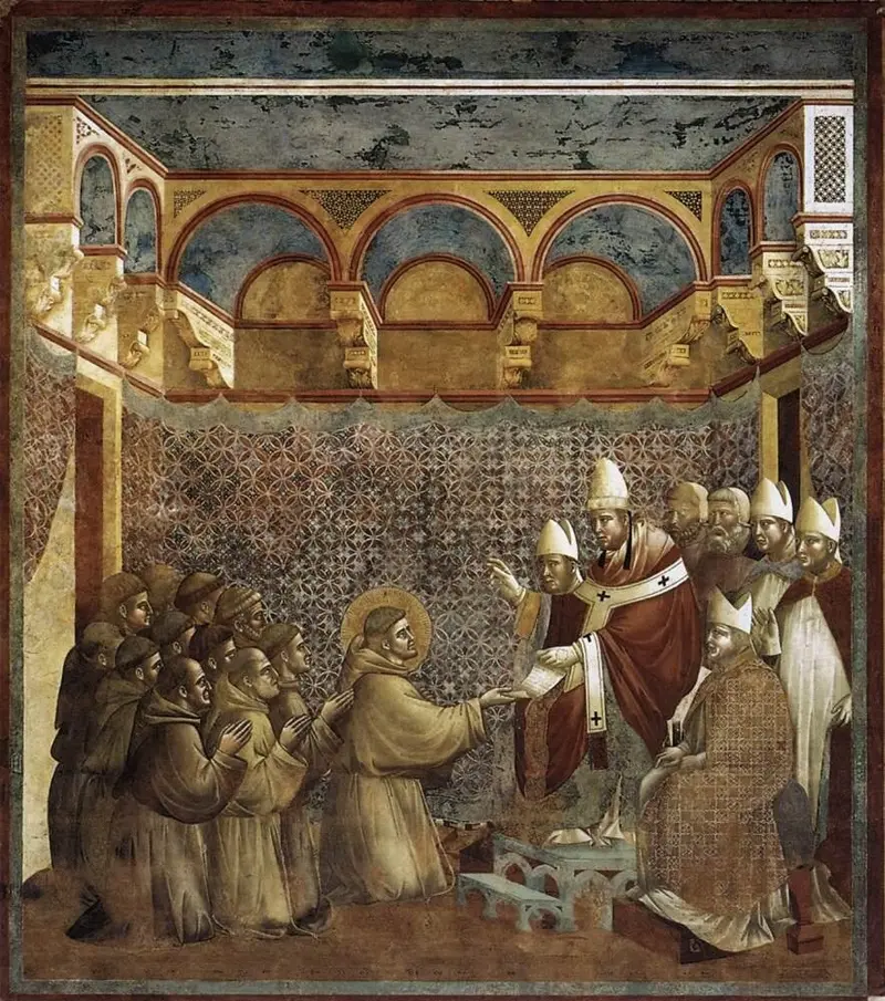 Fresko: Franziskus kniet mit seinen Brüdern vor Papst Innozenz III., der ihm die Regel überreicht.