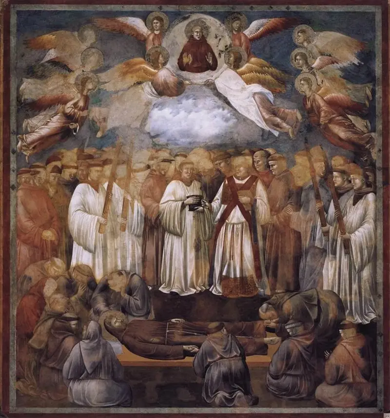 Fresko: Die Brüder trauern um Franziskus, der auf einer Bahre liegt. Darüber tragen Engel seine Seele in den Himmel.