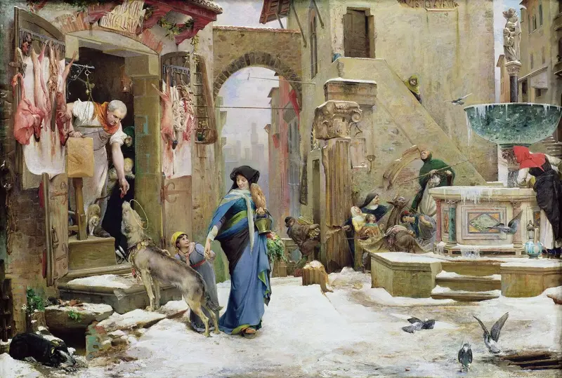 Gemälde: In einer verschneiten Gasse von Gubbio wird der zahme Wolf von einem Metzger gefüttert, Kinder und Frauen gehen ohne Angst an ihm vorbei.